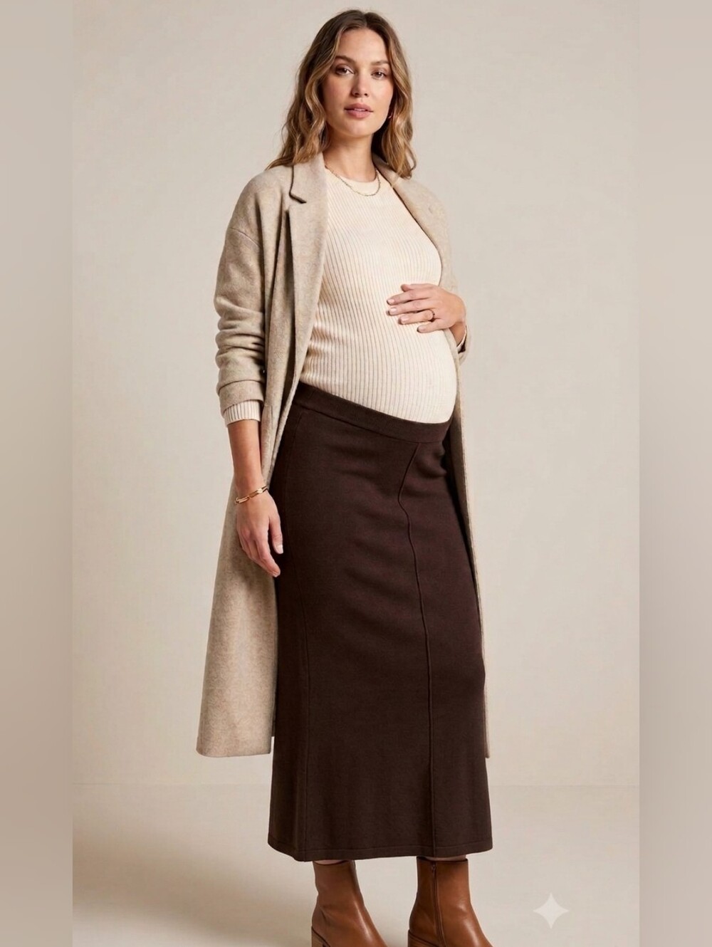 Legoe Heritage Maternity crepe midi skirt tan size small